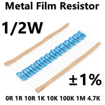 (100ks) 1/2W Kovové Film Rezistor 1% päť farebných krúžok presnosť odpor 0R 1R 10R 1K 10K 100K 1M 4.7 R 47R 4.7 K 5.1 K 51K