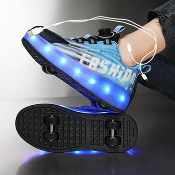 Nové Modrá USB Nabíjanie Fashion Dievčatá Chlapci LED Svetlo Valca Skate Topánky Pre Deti detský Tenisky S Kolesami Štyri kolesá