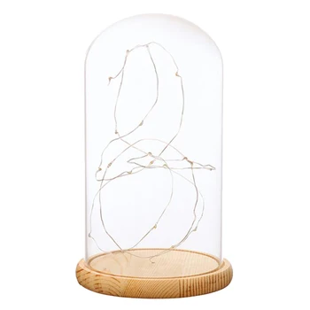 Rustikálny Cloche Štýl Sklenenou Kupolou Bell Jar Drevený Základ s LED Rozprávkových Svetiel