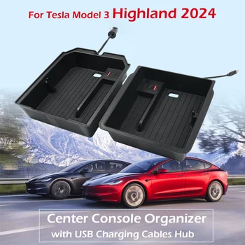 Stredovej Konzoly Organizátor pre Tesla Model 3+ Highland 2024 S USB Nabíjanie Káble Hub ABS Opierke Úložný Box Vaničky