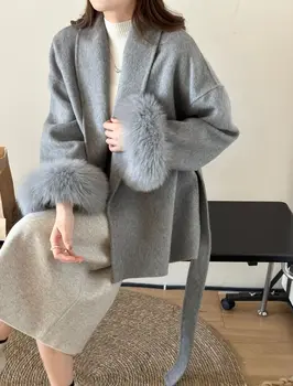 Jesenné a Zimné Nový Fox Vlna Cashmere Kabát pre Ženy Vysoký Stupeň Čipky obojstranný Vlny Kabát pre Ženy
