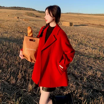 Jeseň Zima Červená Vlnené Kabát Francúzsky Štýl Elegantná, Chic Voľné Bežné Ženy Bunda Vrchné Oblečenie D318