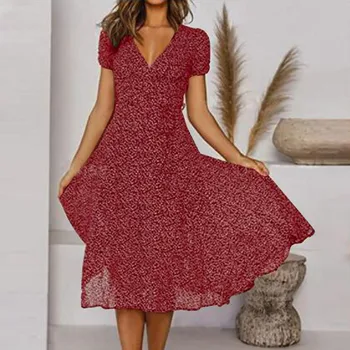 Letné dámske Polka Dot Vytlačený Riadok Šaty 2023 Bežné V Krku Boho Plážové Oblečenie Pre Ženy-Móda Vintage Sundress Vestidos