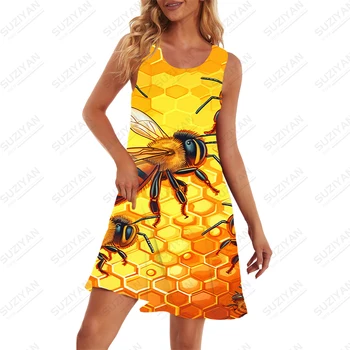 Bee 3D Tlač Šaty dámske Pohodlné, Priedušné Bežné Šaty bez Rukávov Šaty v Lete kvalitné Módne Oblečenie