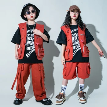 Deti Kpop Hip Hop Oblečenie Červená Vesta Topy Tee Bežné Cargo Šortky Joggers Nohavice pre Dievčatá Chlapci Zobraziť Fáze Tanečných Kostýmov, Šiat