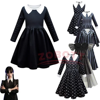 Dievčatá Streda Addams Family Cosplay Kostým Ročníka, Gotické Oblečenie Halloween Oblečenie Deti Morticia Addams Tlač Šaty