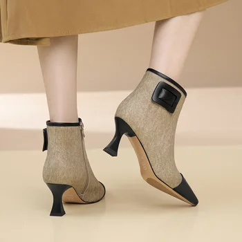 Marhuľový poukázal tenké podpätky krátke topánky pre 2023 Nový štýl vysoké podpätky krátkej trubice dámske topánky s matným šitie holé topánky