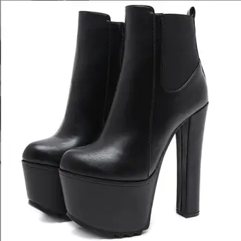 Ženy Členkové topánky dámske nepremokavé platformu podpätky Ženy Kolo hlavy, Vysoké Podpätky Slip-On Sexy Čierne Podpätky Móda, Topánky