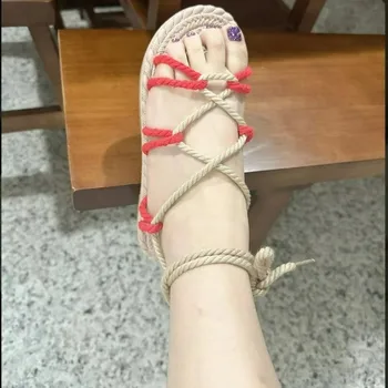 Letné dámske Sandále Úzke Pásmo Retro Štvorcové Prst Ploché Kríž Sťahovacie tvare T-Sandále Dizajn Šaty Ploché Topánky dámske