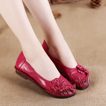 Ženy Mokasíny Skutočné Split Koža Ploché Podpätky Kvet Kolo Prst Mäkké Pevné Sandále Na Platforme Dámy Topánky Zapatos De Mujer 635