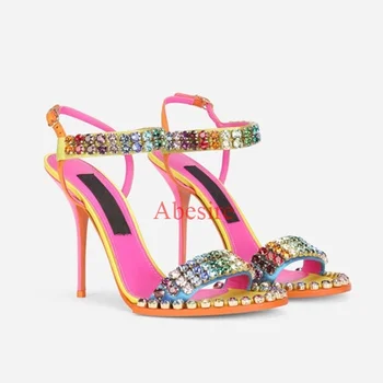 Ženy Farebné Crystal Sandále Stiletto Otvoriť Perličiek Diamond Elegantné Krajky-Up Buckleopen Ukázal Prst Tenké Podpätky Zmiešané Módne Topánky