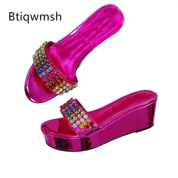 Zmiešané Farby Crystal Drahokamu Sandále Žena Otvorené Prst Strieborná Ružová Platformu Kliny Topánky Sexy Lady Tkaných Papuče