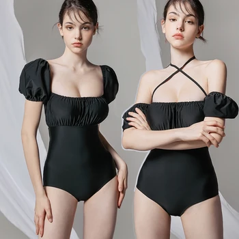 2024 Ženy, Jeden Kus Plávanie Oblek Pure Color Krátke Rukávy Mimo Ramenný Kórejský Štýl Pláž Nosiť Celé Plavky Vintage