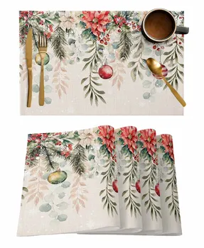Zimné Poinsettia Berry Vianočné Gule Eukalyptu Kuchyňa Jedálenský Stôl Dekor 4/6pcs Placemat Tepelne Odolný Riad Podložky, Rohože